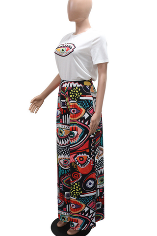 Multi-color Casual Print O Neck Short Sleeve Two Pieces