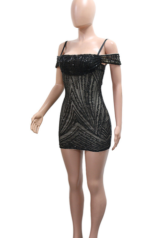 Black Sexy Solid Color Backless Spaghetti Strap Wrapped Skirt Dresses