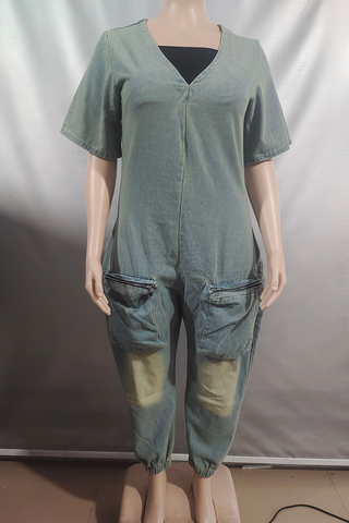 Peacock Blue Casual Solid Color Pocket Zipper V Neck Loose Jumpsuits