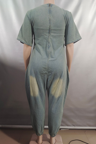 Peacock Blue Casual Solid Color Pocket Zipper V Neck Loose Jumpsuits