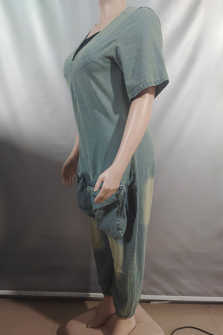 Peacock Blue Casual Solid Color Pocket Zipper V Neck Loose Jumpsuits