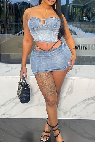 Blue Sexy Solid Color Backless Zipper Strapless Sleeveless Two Pieces