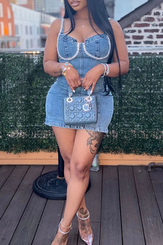 Blue Sexy Solid Color Spaghetti Strap Sleeveless Regular Denim Skirts