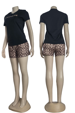 Black Casual Print O Neck Short Sleeve Two Pieces