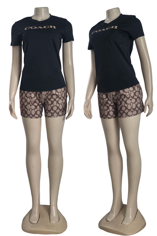 Black Casual Print O Neck Short Sleeve Two Pieces