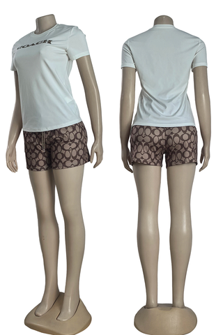 Black Casual Print O Neck Short Sleeve Two Pieces