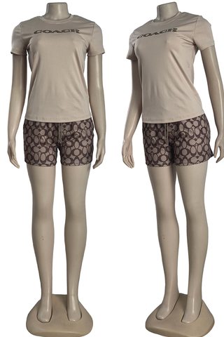 Black Casual Print O Neck Short Sleeve Two Pieces