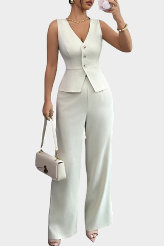 Black Casual Solid Color Buckle V Neck Sleeveless Two Pieces