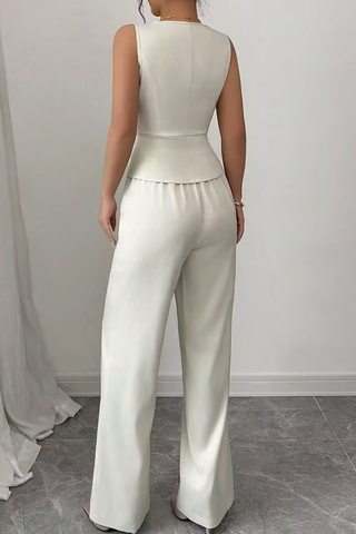 Black Casual Solid Color Buckle V Neck Sleeveless Two Pieces