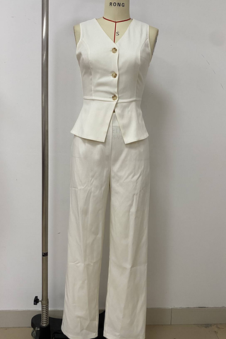 Black Casual Solid Color Buckle V Neck Sleeveless Two Pieces