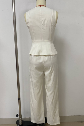 Black Casual Solid Color Buckle V Neck Sleeveless Two Pieces