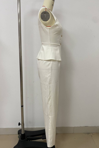 Black Casual Solid Color Buckle V Neck Sleeveless Two Pieces