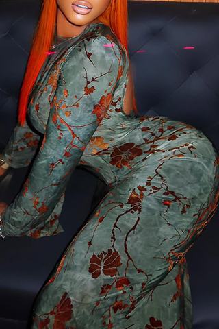 Green Sexy Print Slit O Neck Long Dresses