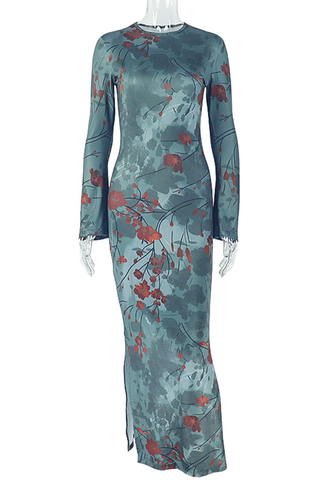 Green Sexy Print Slit O Neck Long Dresses