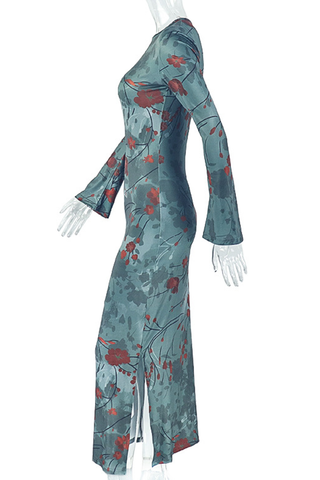 Green Sexy Print Slit O Neck Long Dresses