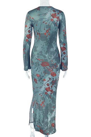 Green Sexy Print Slit O Neck Long Dresses