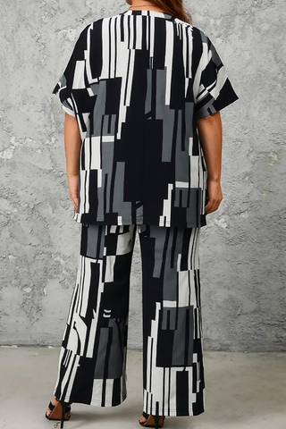 Black Casual Print O Neck Plus Size Two Pieces