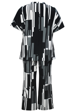 Black Casual Print O Neck Plus Size Two Pieces