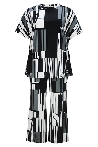 Black Casual Print O Neck Plus Size Two Pieces