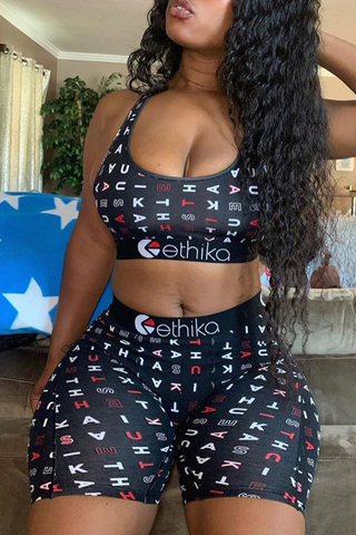 Black Sexy Print U Neck Sleeveless Two Pieces