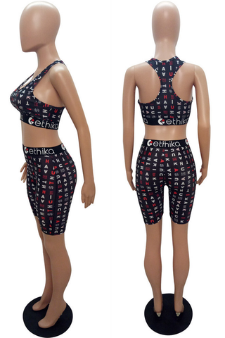 Black Sexy Print U Neck Sleeveless Two Pieces