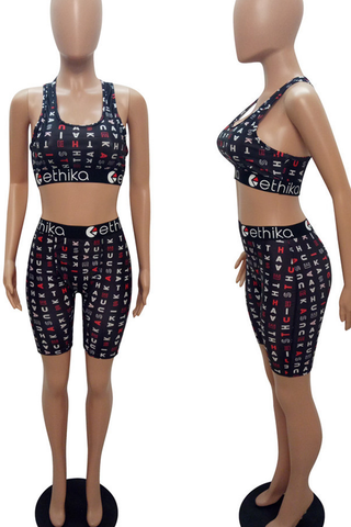 Black Sexy Print U Neck Sleeveless Two Pieces
