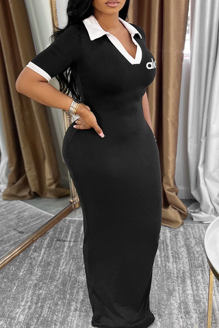 White Casual Letters Turndown Collar Long Dresses