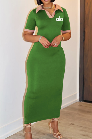 White Casual Letters Turndown Collar Long Dresses