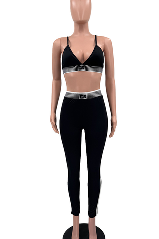 Black Casual Sportswear Letters Spaghetti Strap Sleeveless Two Pieces