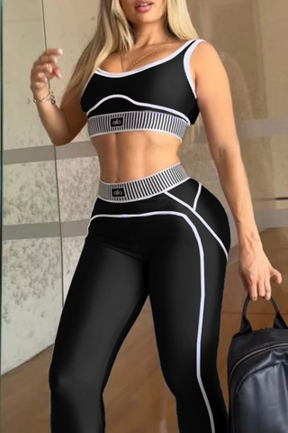 Black Casual Sportswear Letters Patchwork Spaghetti Strap Sleeveless Two Pieces