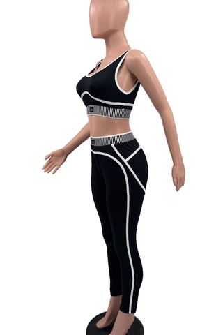 Black Casual Sportswear Letters Patchwork Spaghetti Strap Sleeveless Two Pieces