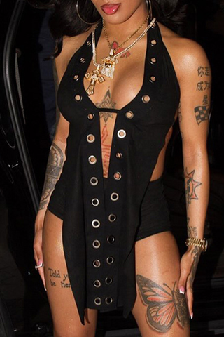 Black Sexy Solid Color Hollow Out Halter T-Shirts