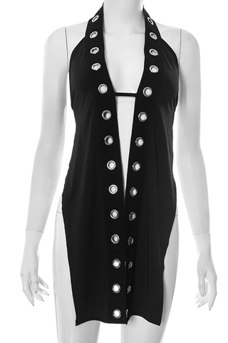 Black Sexy Solid Color Hollow Out Halter T-Shirts