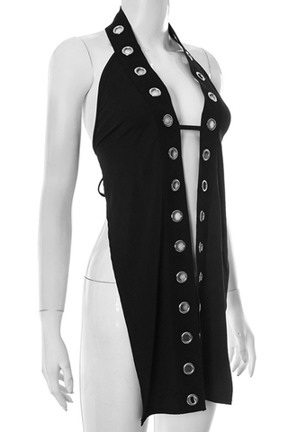 Black Sexy Solid Color Hollow Out Halter T-Shirts