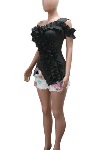 Black Sexy Solid Color Irregular Flounce Off Shoulder T-Shirts