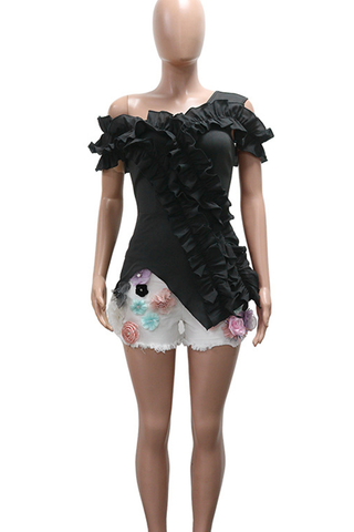 Black Sexy Solid Color Irregular Flounce Off Shoulder T-Shirts
