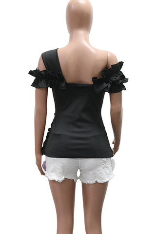 Black Sexy Solid Color Irregular Flounce Off Shoulder T-Shirts