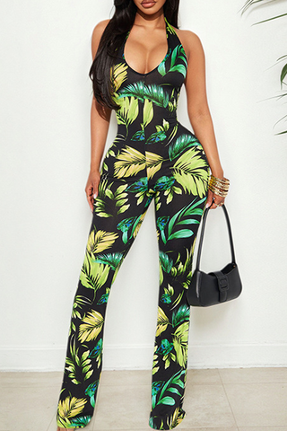 Green Sexy Print Backless Halter Regular Jumpsuits