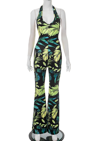 Green Sexy Print Backless Halter Regular Jumpsuits