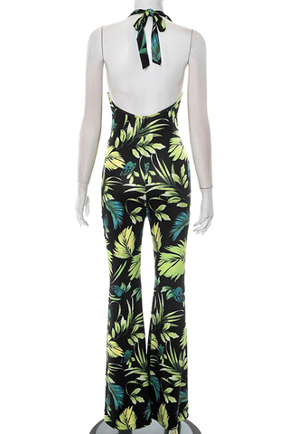 Green Sexy Print Backless Halter Regular Jumpsuits