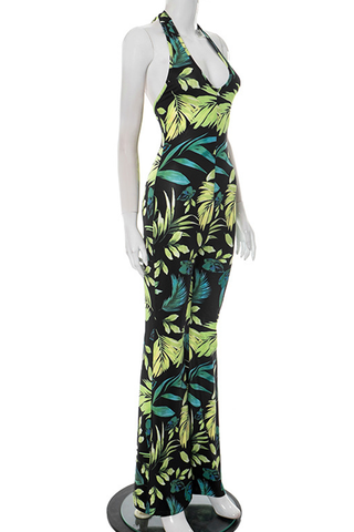 Green Sexy Print Backless Halter Regular Jumpsuits