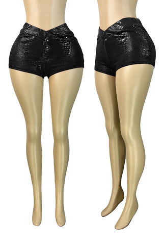 Black Shiny Textured Skinny Shorts Stylish Edgy Street Piece