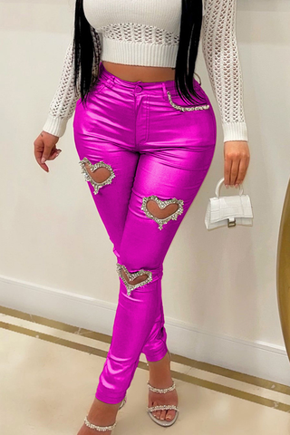 Gold Heart Rhinestone Cutout Pants Shiny Slim-fit Trousers
