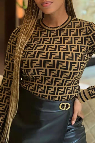 Coffee Fashion Street Letter Patchwork O Neck Tops