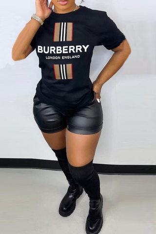 Black Fashion Print Patchwork Letter O Neck T-Shirts