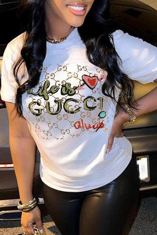 Black Fashion Casual Print Patchwork Letter O Neck T-Shirts