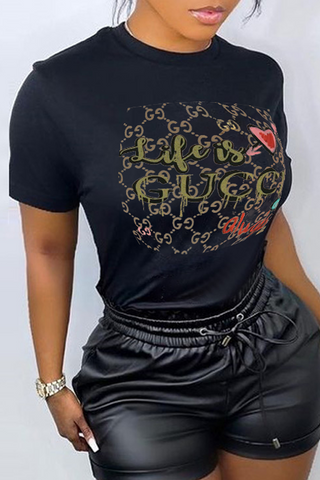 Black Fashion Casual Print Patchwork Letter O Neck T-Shirts