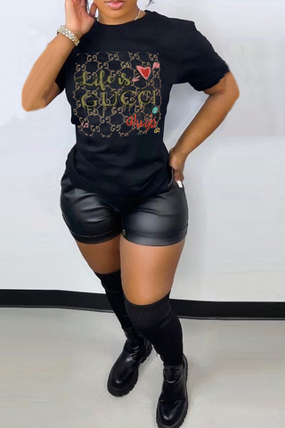 Black Fashion Casual Print Patchwork Letter O Neck T-Shirts