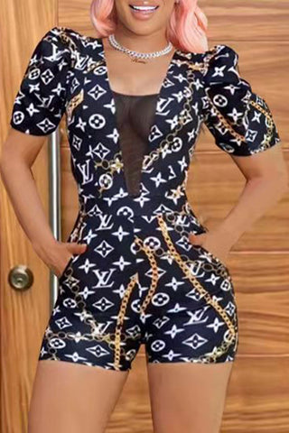 Black Fashion Street Print Patchwork Square Collar Rompers