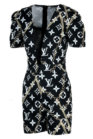 Black Fashion Street Print Patchwork Square Collar Rompers